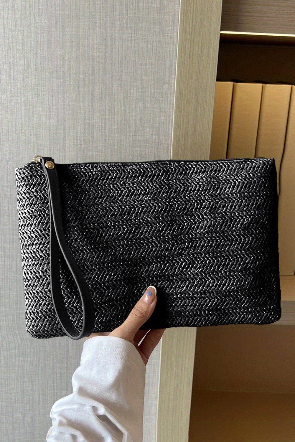 Straw Woven Wrist Strap Zipper Large Wallet