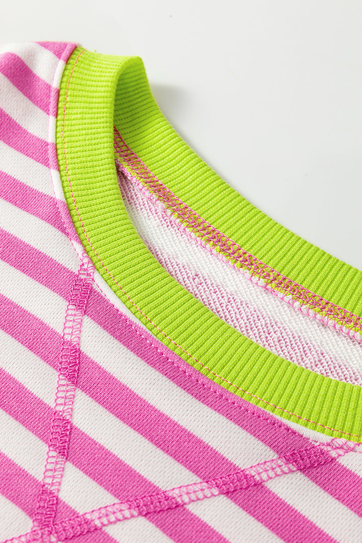 Striped Contrast Ribbed Trim Crossed Stitch Drop Shoulder Sweatshirt