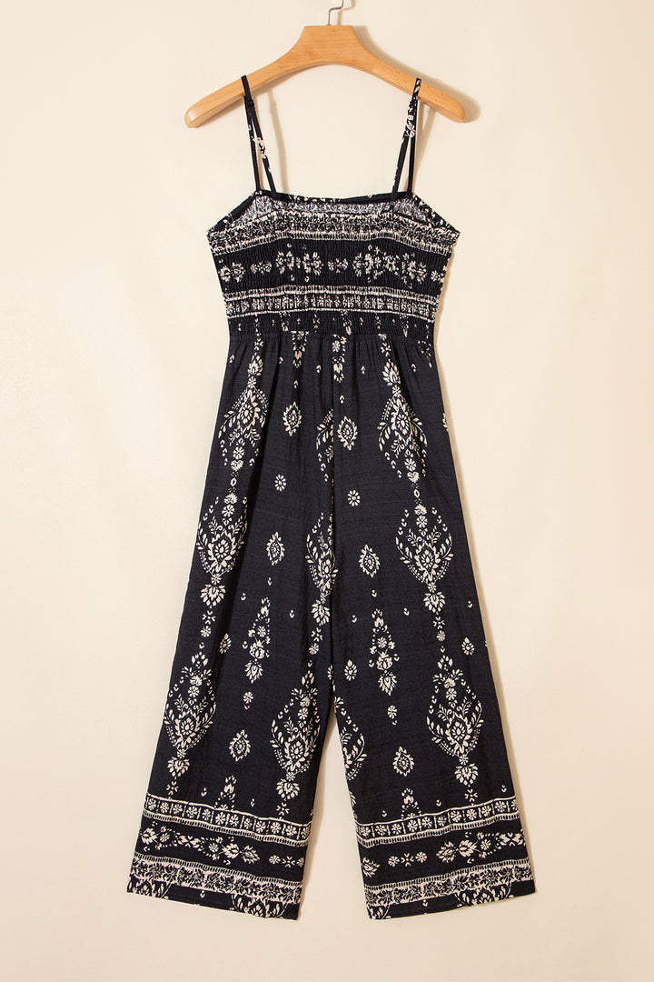 Black Spaghetti Straps Elastic Waist Loose Ethnic Print Jumpsuit