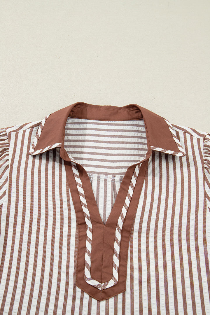 Collared Split Neck Short Bubble Sleeve Blouse