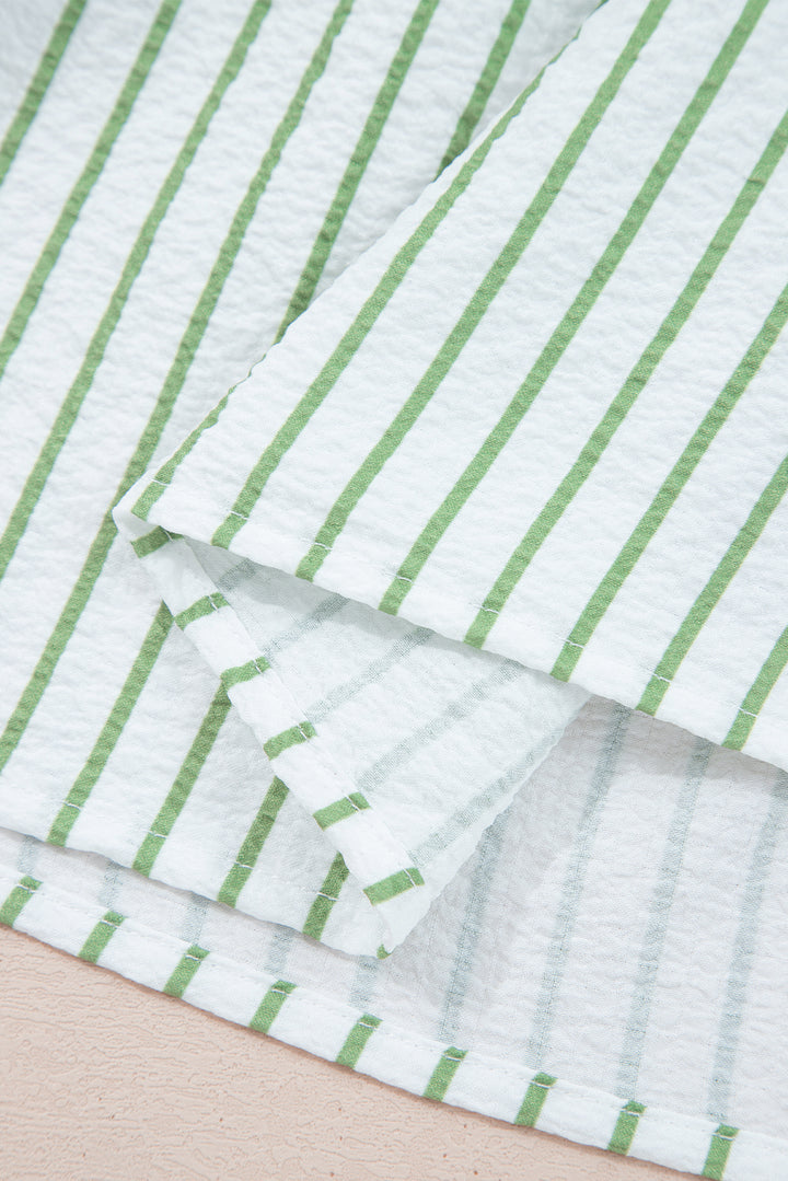 Green Stripe Flower Puff Sleeve Notched V Neck Babydoll Blouse