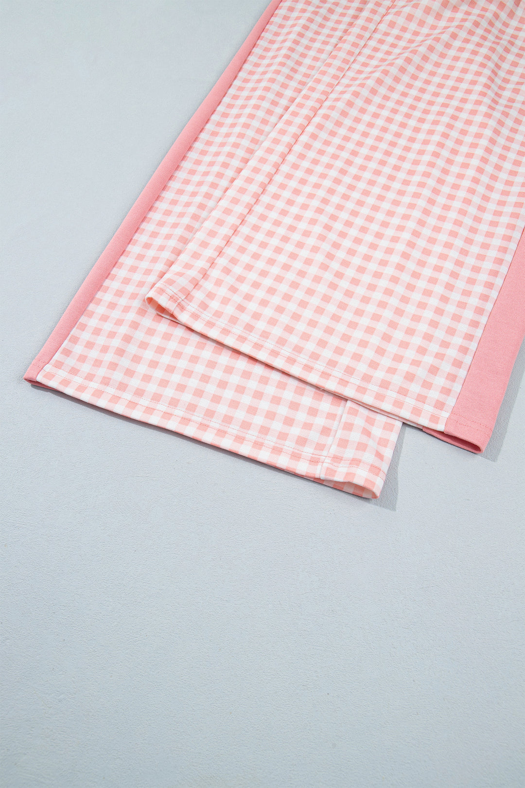 Pink Color Block Plaid Patchwork Long Sleeve Pullover Wide Leg Pant Set