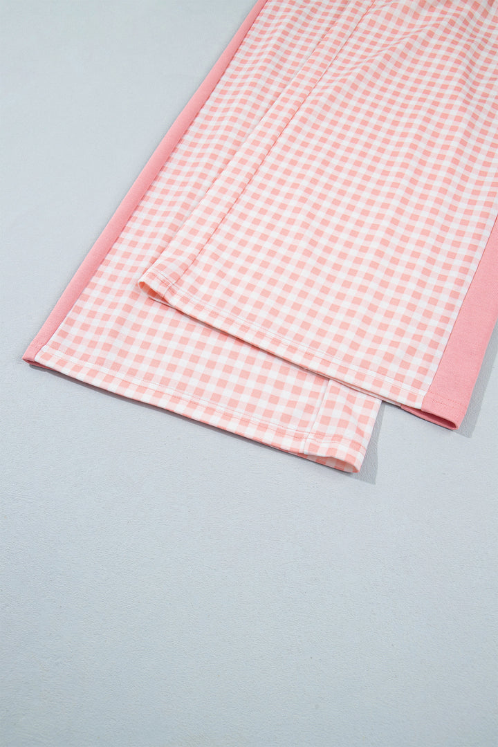 Pink Color Block Plaid Patchwork Long Sleeve Pullover Wide Leg Pant Set