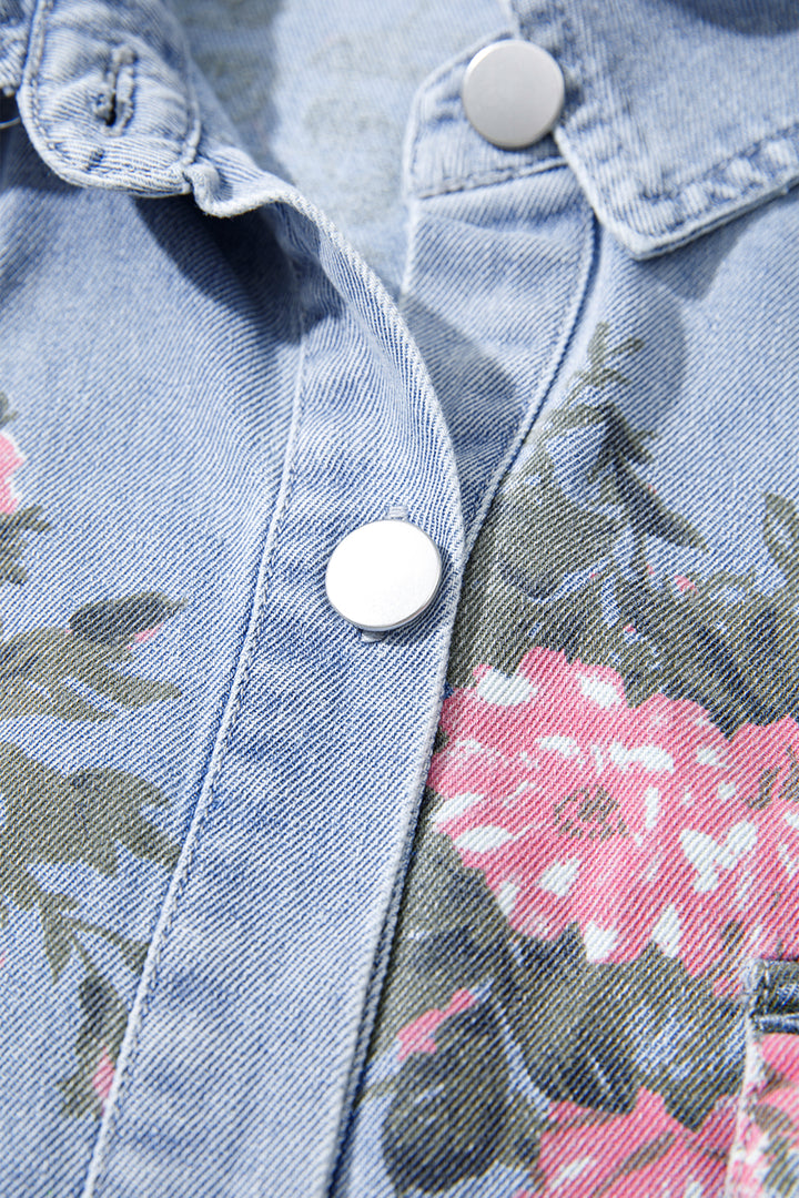 Sky Blue Denim Floral Print Cuffed Short Sleeve Shift Dress