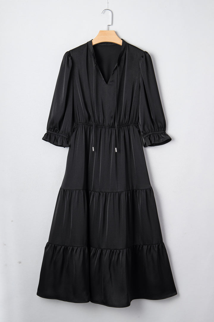 Flounced Bracelet Sleeve V Neck Tiered Maxi Dress