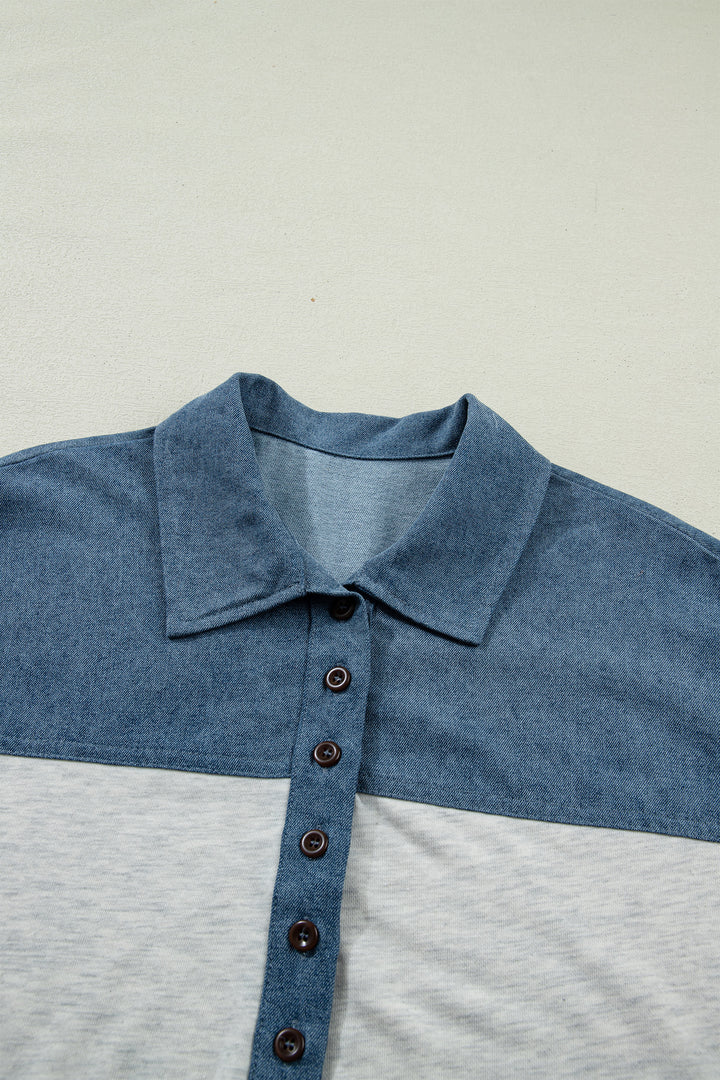 Color Block Denim Patchwork Button Polo Collar Short Sleeve Top