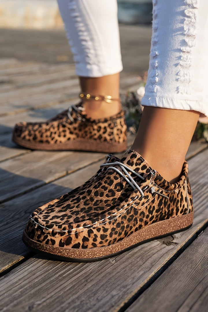 Leopard Faux Suede Lace-up Decor Slip On Shoes