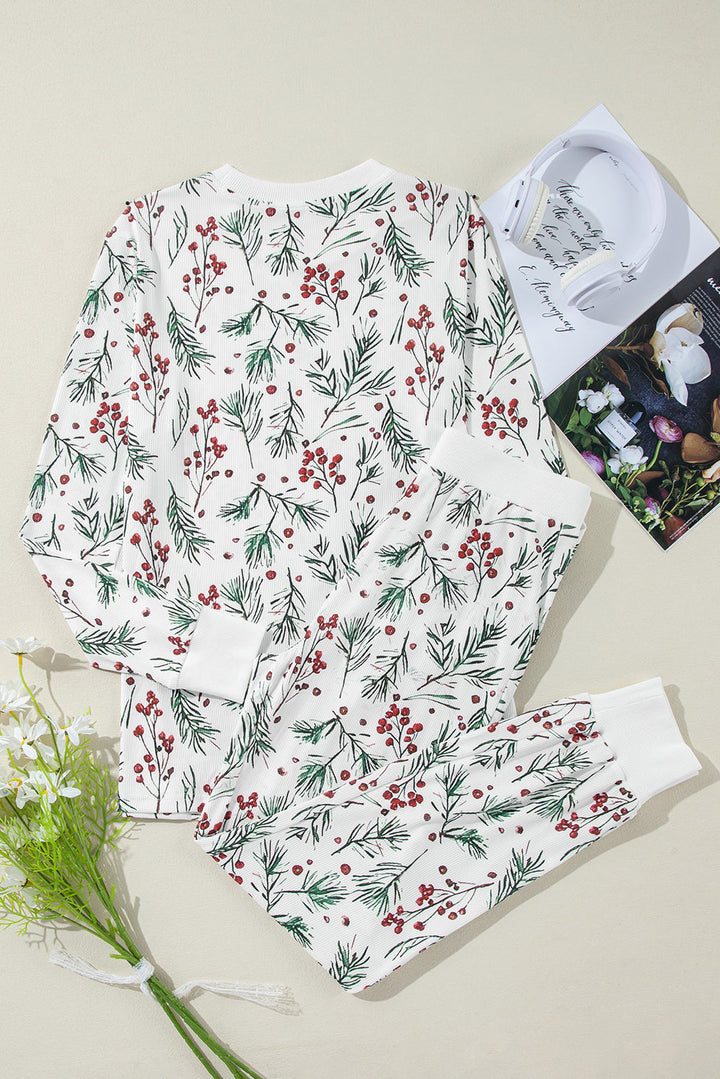holly print thermal pullover pants lounge set
