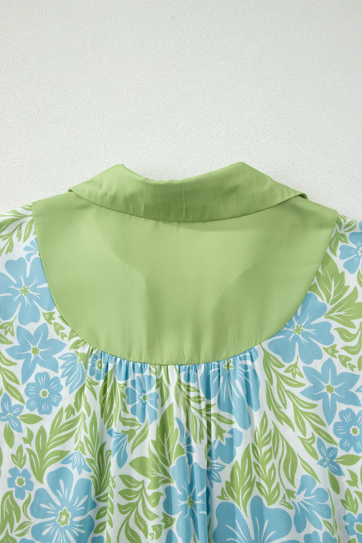 Sky Blue Floral Print Color Block Patchwork Shirt Collar Half Sleeve Mini Dress