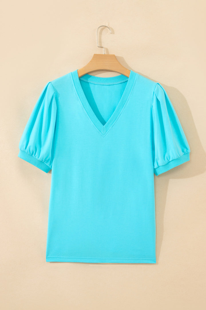 Turquoise Solid Color V Neck Short Puff Sleeve Blouse