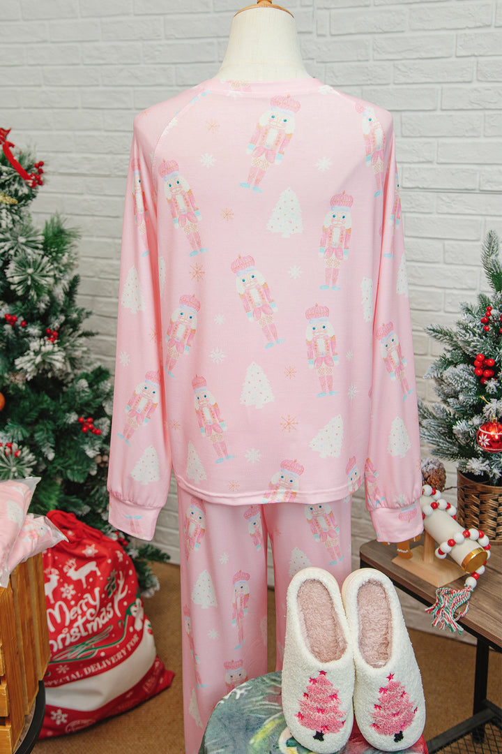 Pink Christmas Tree Nutcracker Print 2pcs Lounge Pant Set