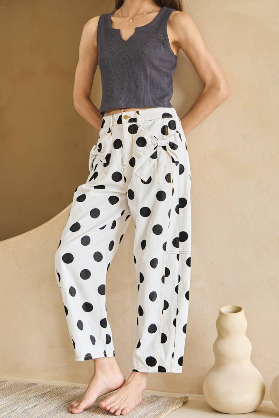 White Polka Dot Print Bow Detail Pocketed Barrel Jeans