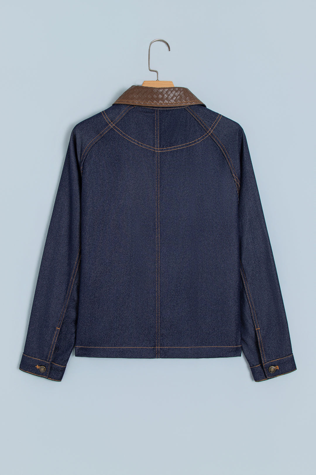 Navy Blue Contrast Collar Stitched Detail Button Denim Jacket