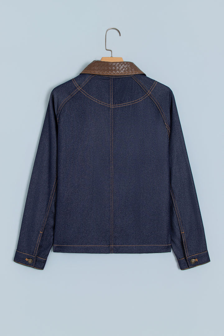 Navy Blue Contrast Collar Stitched Detail Button Denim Jacket