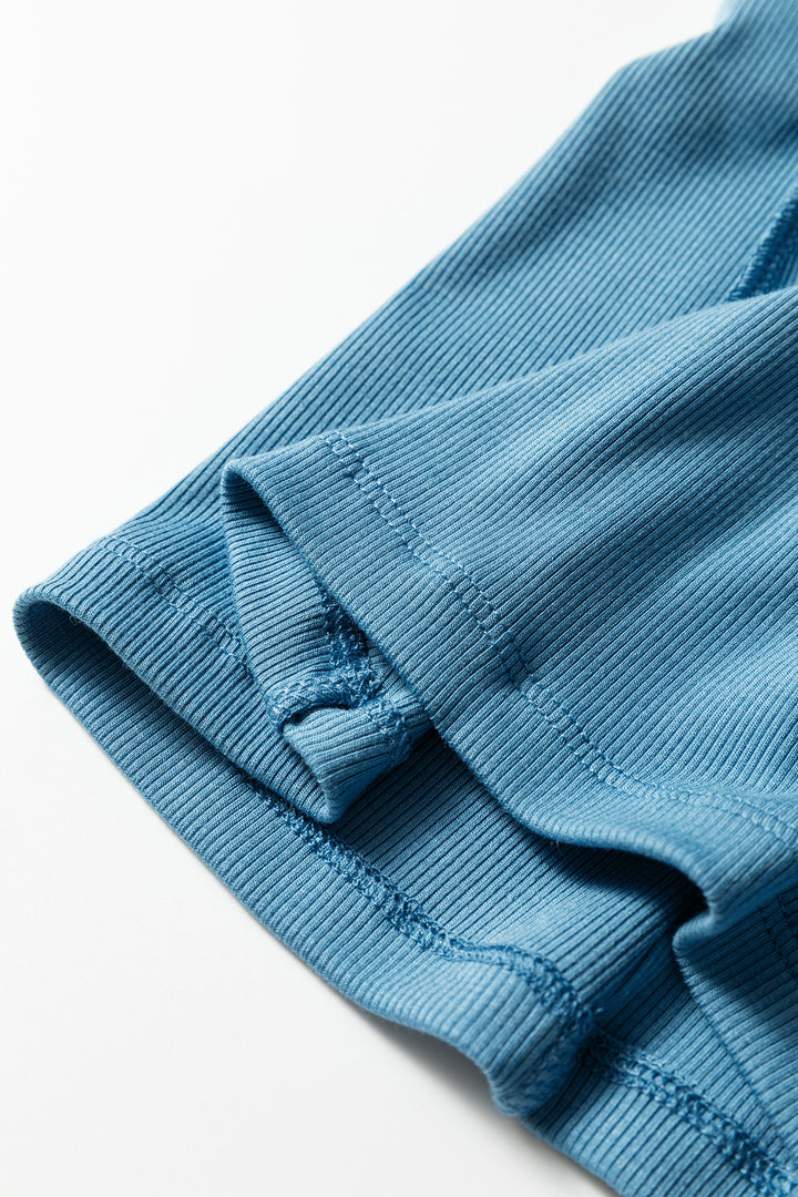 Summer Blue Crew Neck Cap Sleeve Ribbed T Shirt