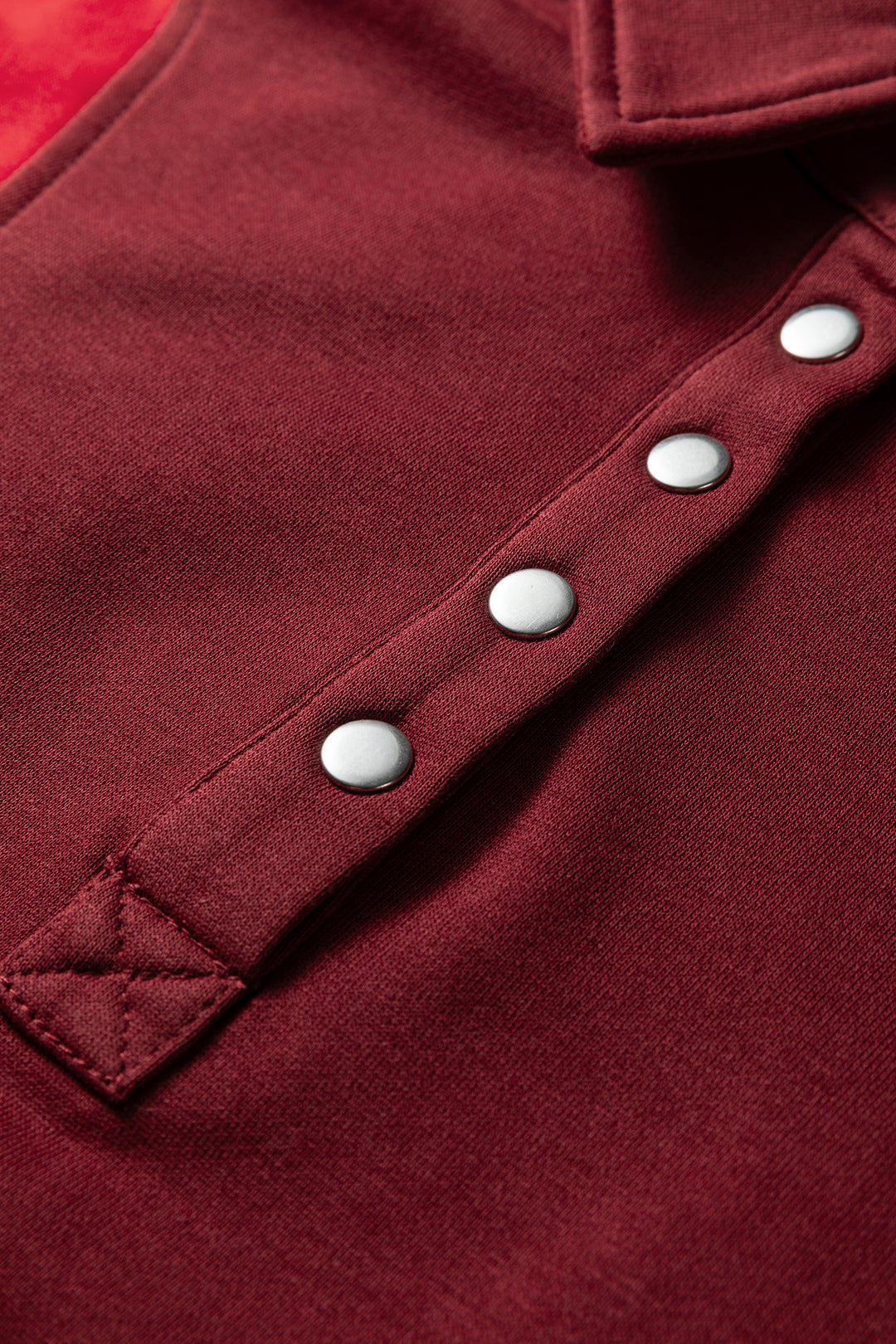 Fiery Red Color Block Patchwork Snap Button Polo Sweatshirt