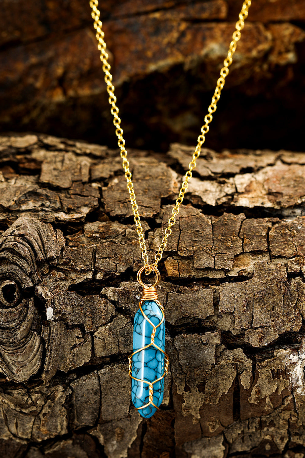 Gold Wire Wrapped Turquoise Pendant Necklace