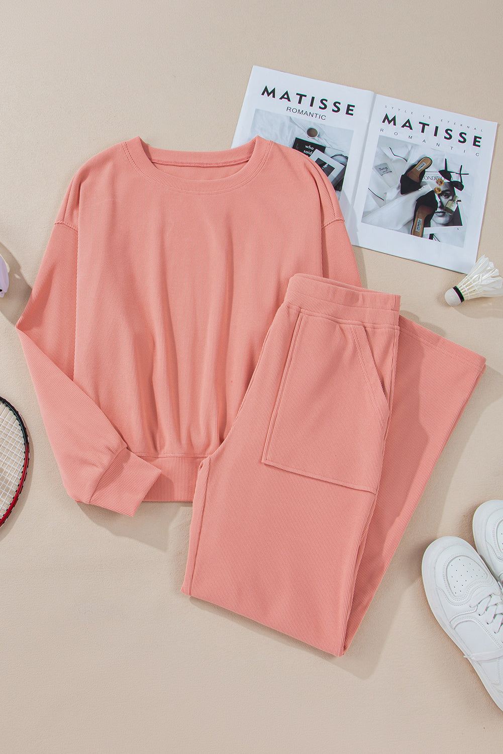 Blossom Ribbed Knit Pocketed Two Piece Lounge Set