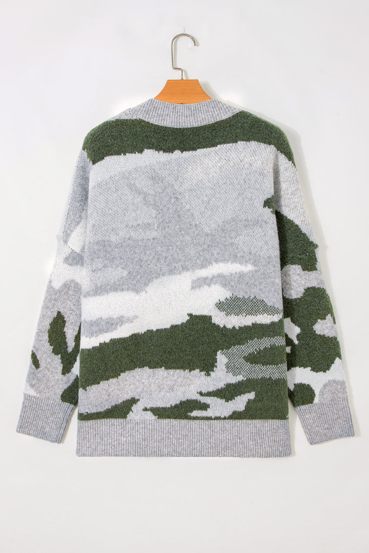 Green Camouflage V Neck Button Front Cardigan
