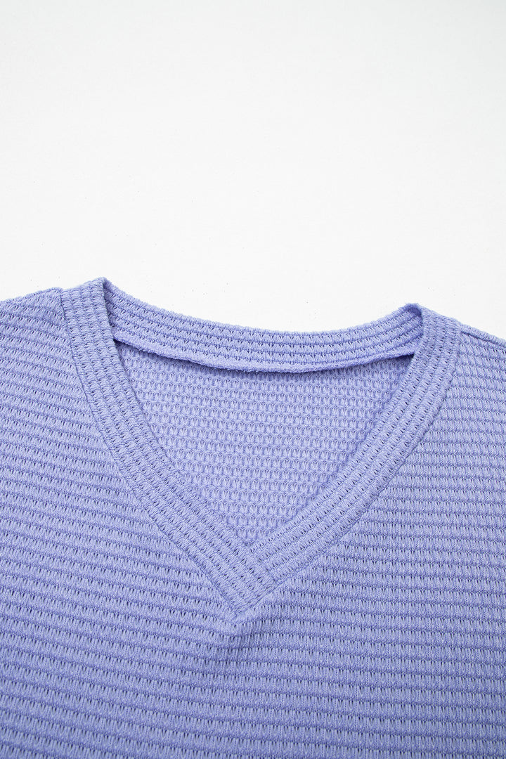 Waffle V Neck Short Sleeve Knit Top