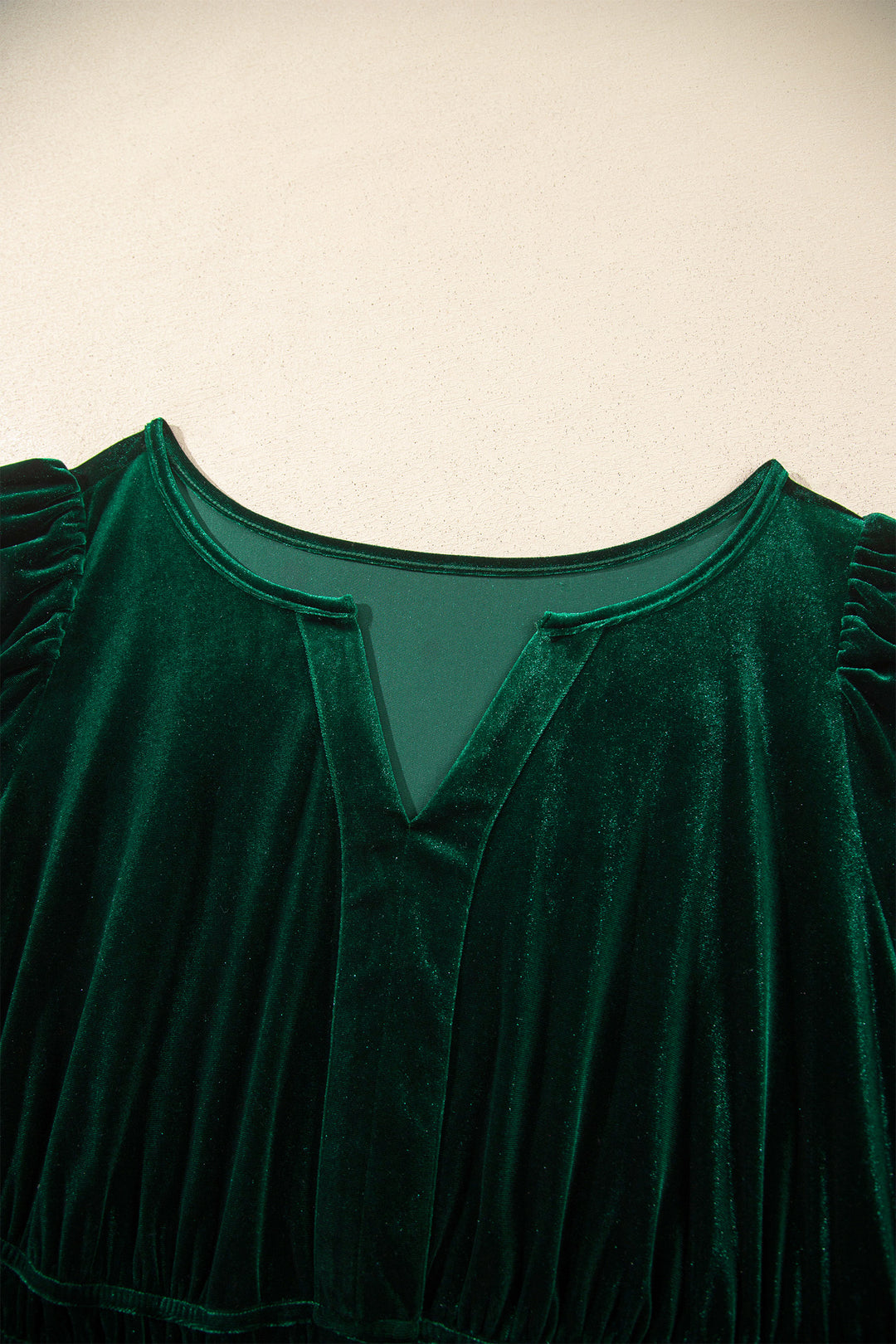 Blackish Green Velvet Short Sleeve Shirred Waist Tiered Plus Size Maxi Dress