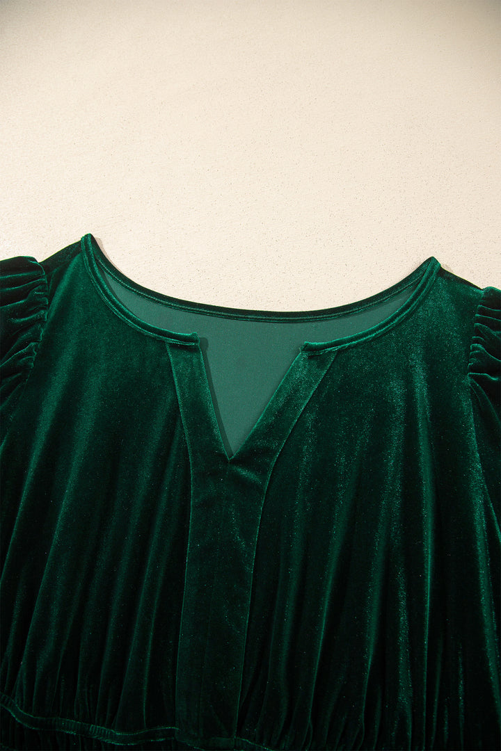 Blackish Green Velvet Short Sleeve Shirred Waist Tiered Plus Size Maxi Dress