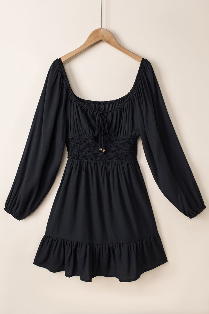 Black Solid Color Long Sleeve Shirred Drawstring Ruffle Mini Dress