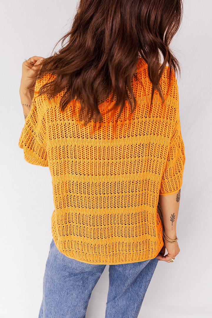 Hollow out Openwork Knit 3/4 Sleeve Sweater
