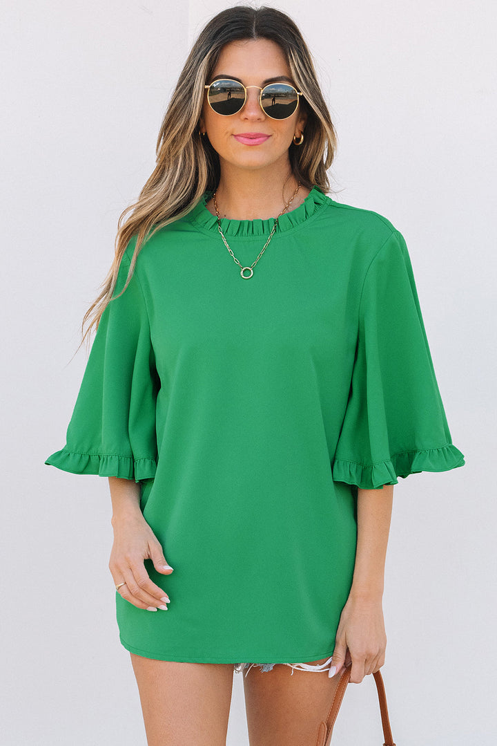 Frilly Round Neck Wide Half Sleeve Blouse