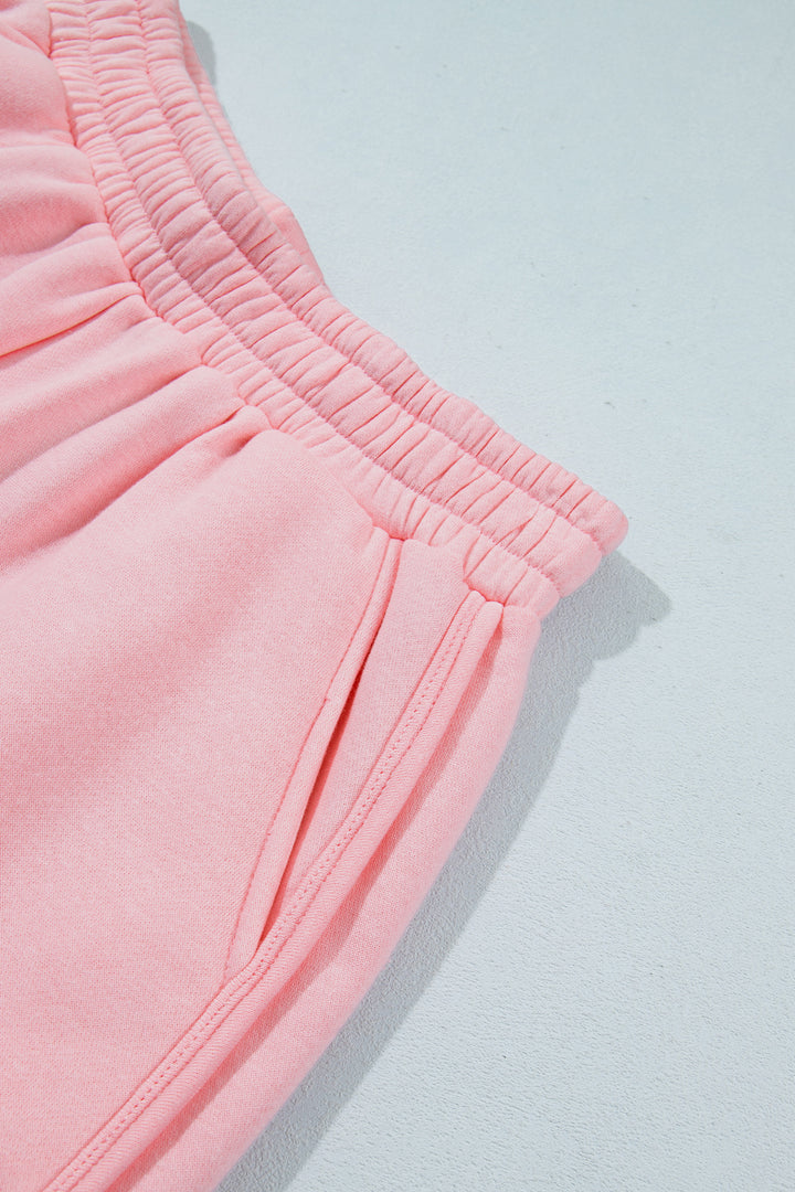 Light Pink High Neck Exposed Seam Drop Shoulder Baggy Pullover Short Set