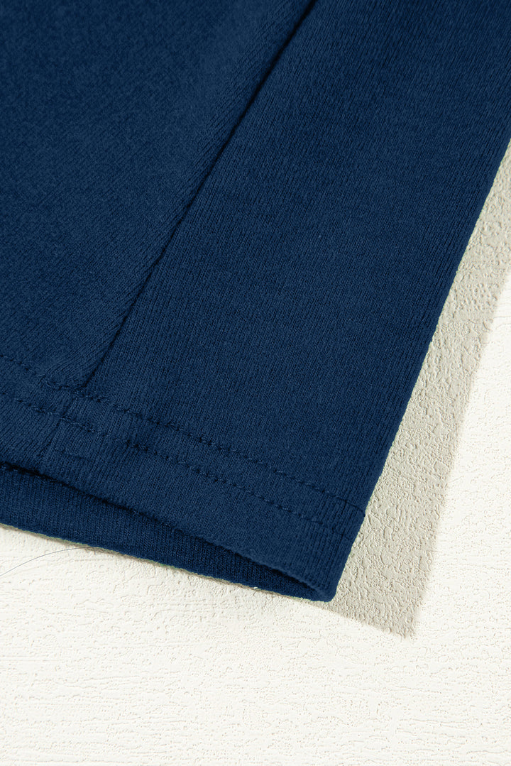 Navy Blue Solid Exposed Seam Crew Neck Long Sleeve Top