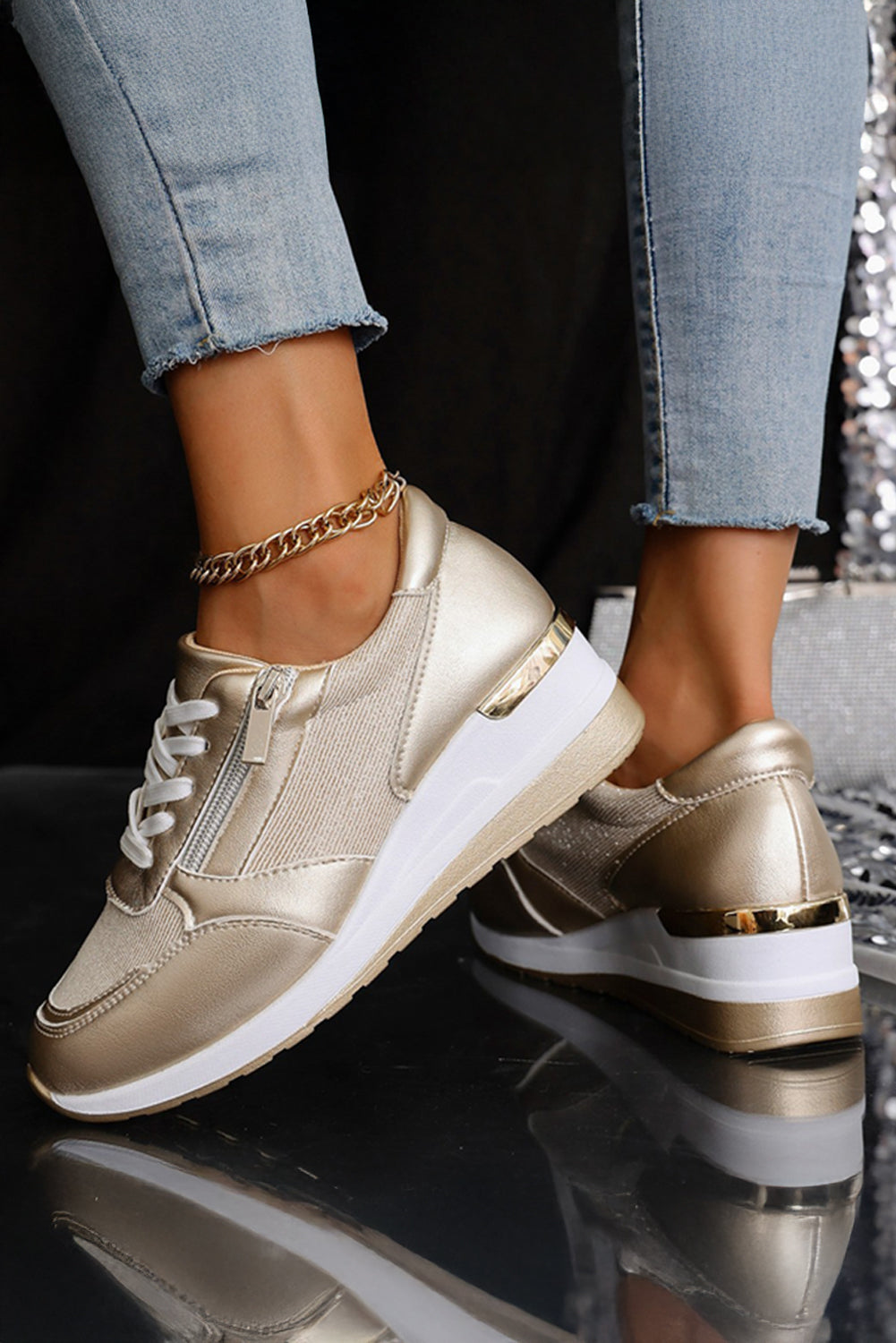 PU Leather Patchwork Zipper Lace-up Sneakers