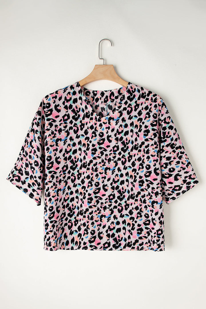 Multicolor Leopard Print V Neck Oversized Blouse