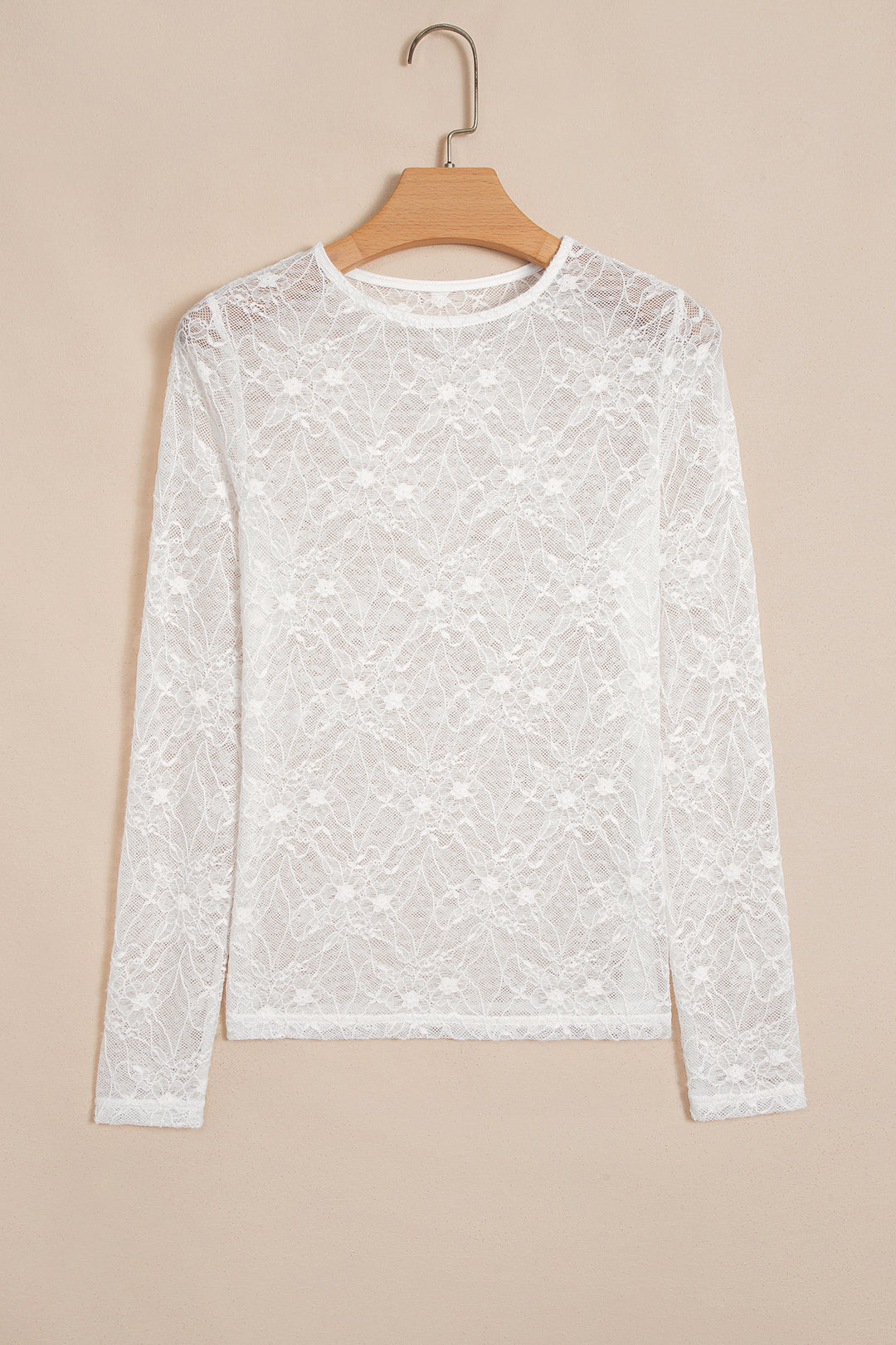 Beige Long Sleeve Sheer Mesh Lace Top