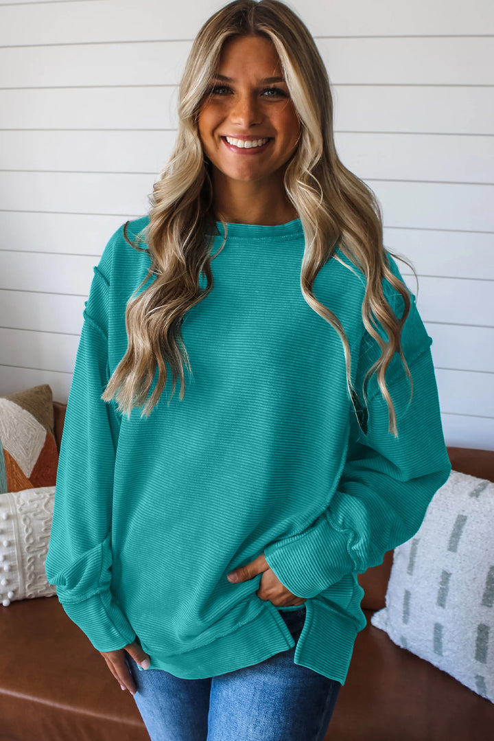 Sea Green Horizontal Ribbed Exposed Seam Detail Drop Shoulder Baggy Pullover