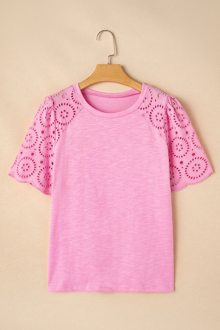 Eyelet Embroidery Scalloped Sleeve Round Neck T Shirt