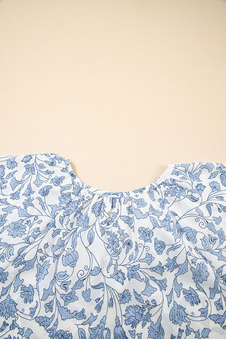 Sky Blue V-neck Short Sleeve Fashion Print Fantasy Fluttering Blouse