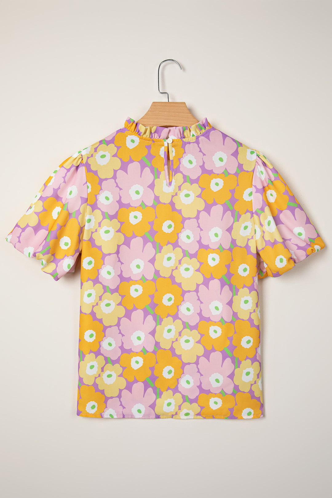 Frilled Neck Puff Short Sleeve Flower Top