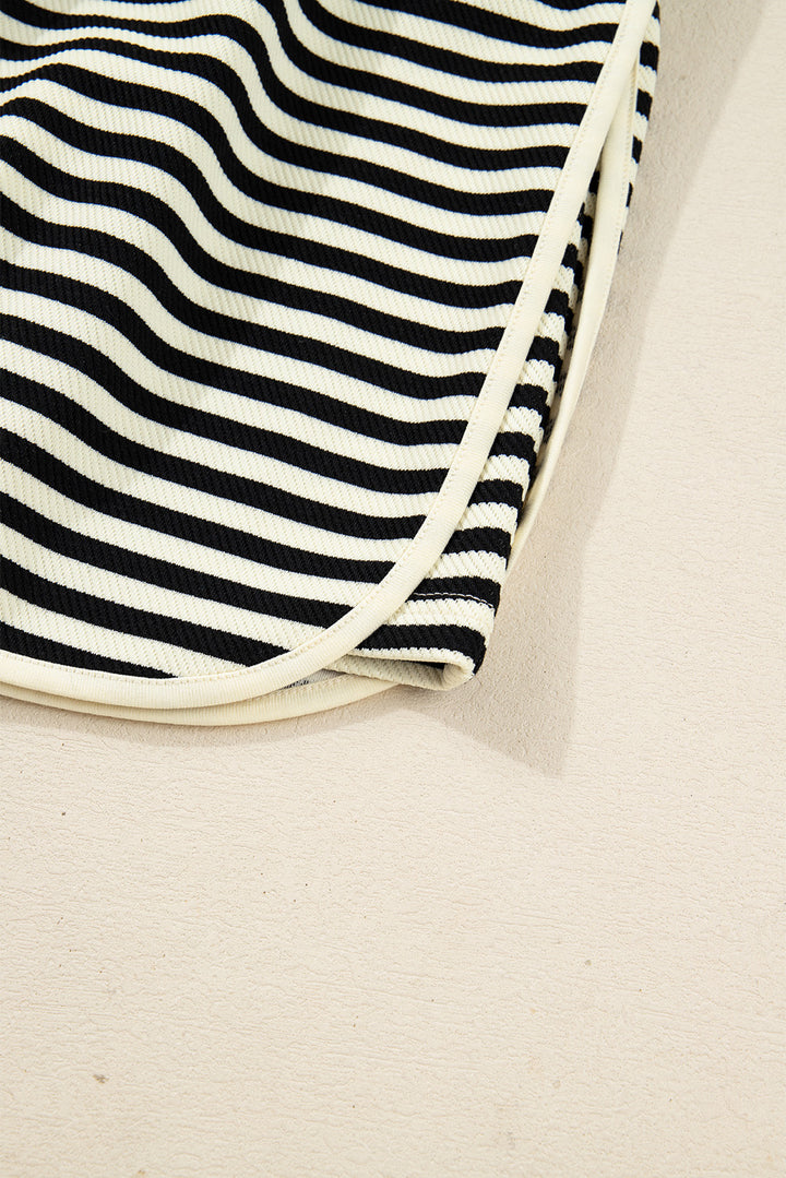 Black Stripe Textured Pullover Top Drawstring Mini Skort Two Piece Dress Set