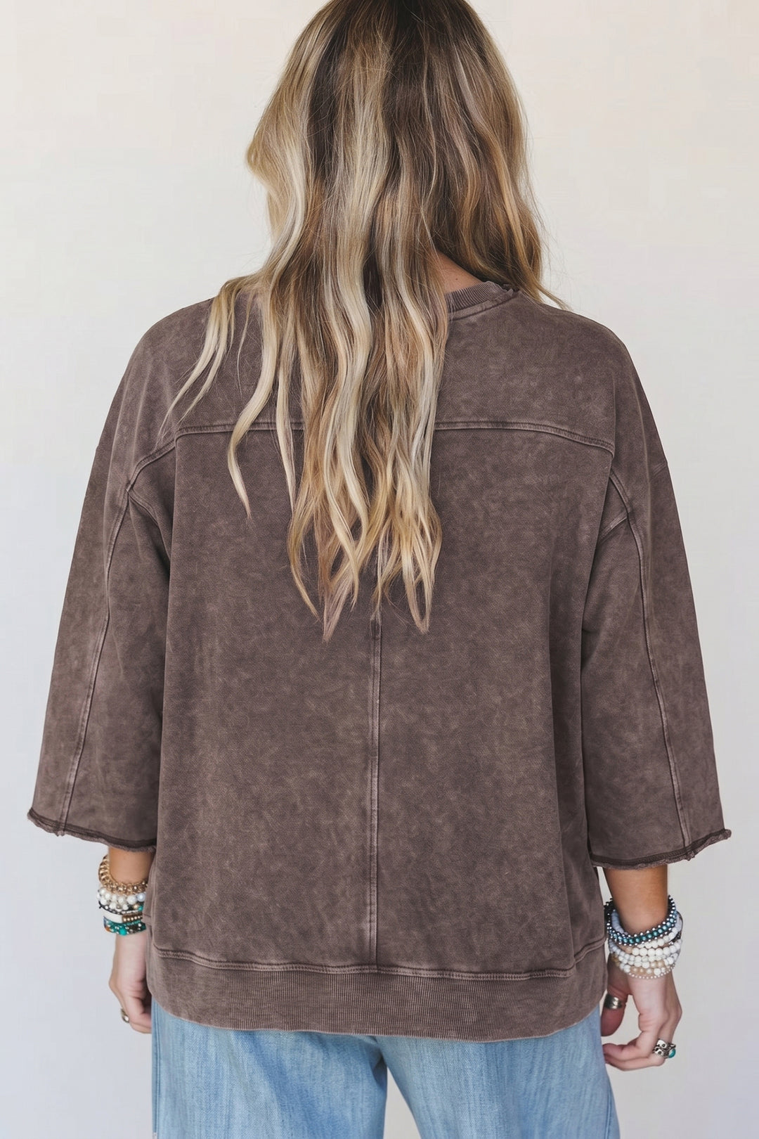 Dark Brown 3/4 Sleeve Mineral Wash Loose Cotton Top