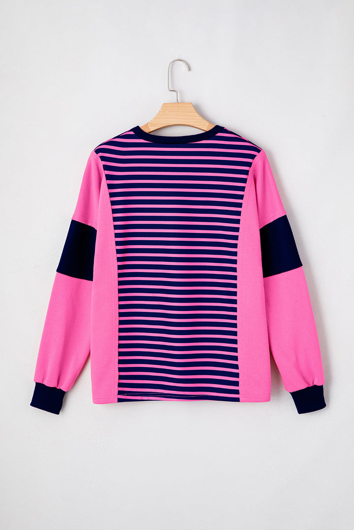 Pink Stripe Color Block V Neck Loose Fit Long Sleeve Top