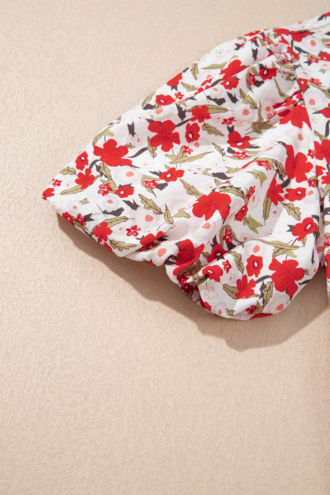 Red Floral Print Short Puff Sleeve Button Front Shirt