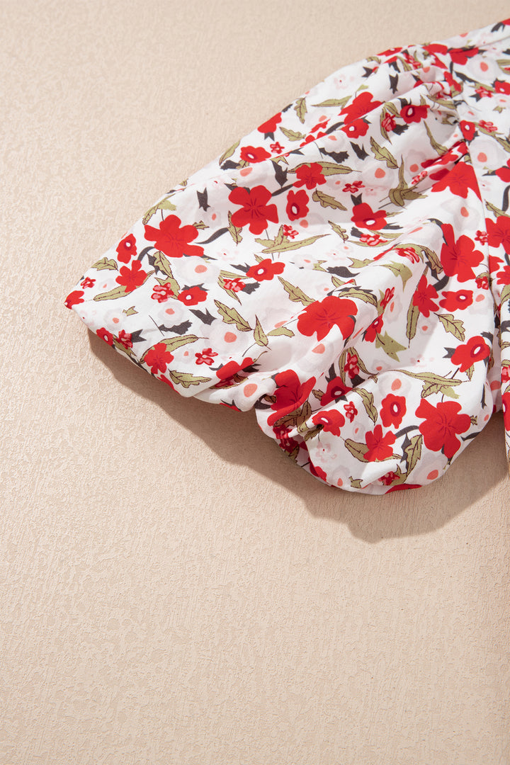 Red Floral Print Short Puff Sleeve Button Front Shirt