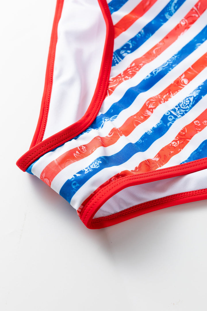 Red July 4th Stripes Star Floral Impression Cutout Spaghetti Straps One Piece Swimsuit
