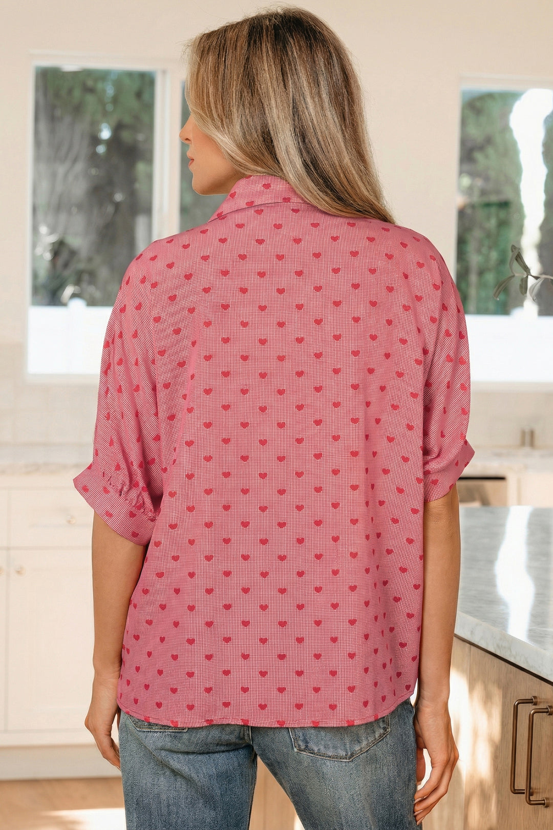 Heart Shape Print Half Sleeve Loose Valentine Shirt