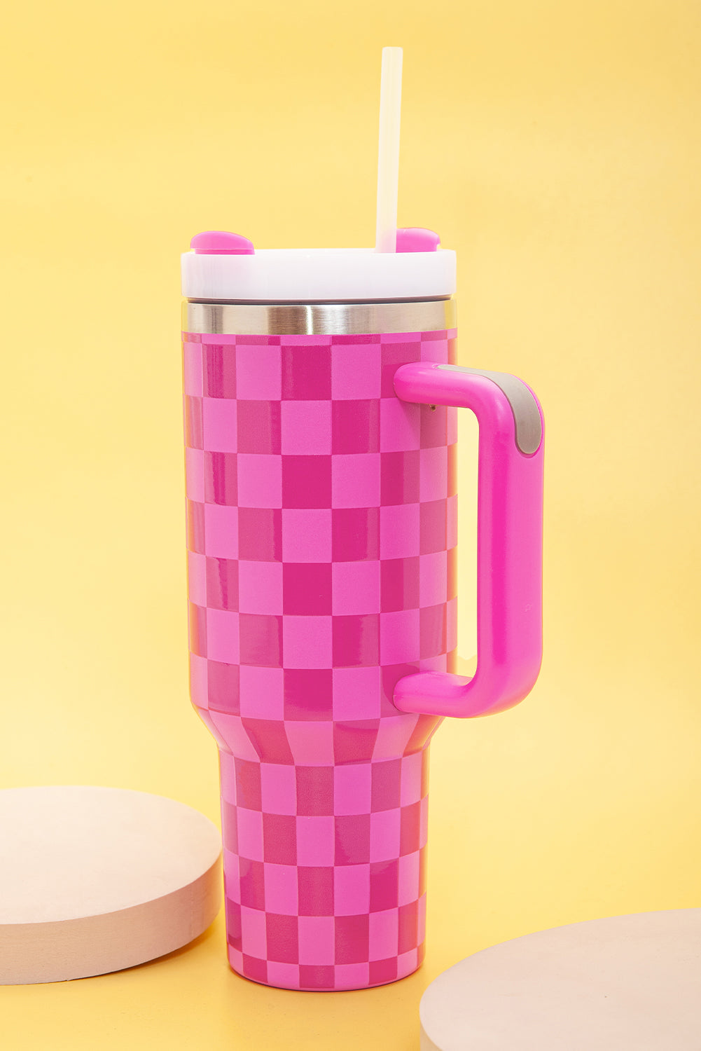 Checkered Print Handled Stainless Steel Tumbler Cup 40oz