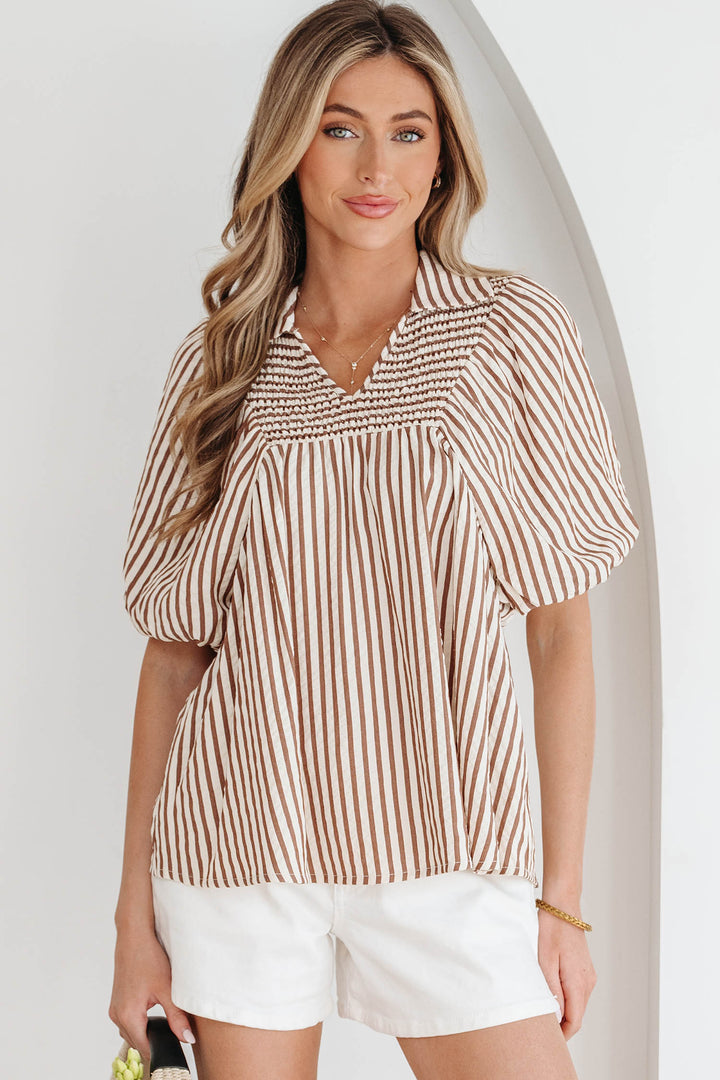 Shirred V Neck Short Puff Sleeve Blouse