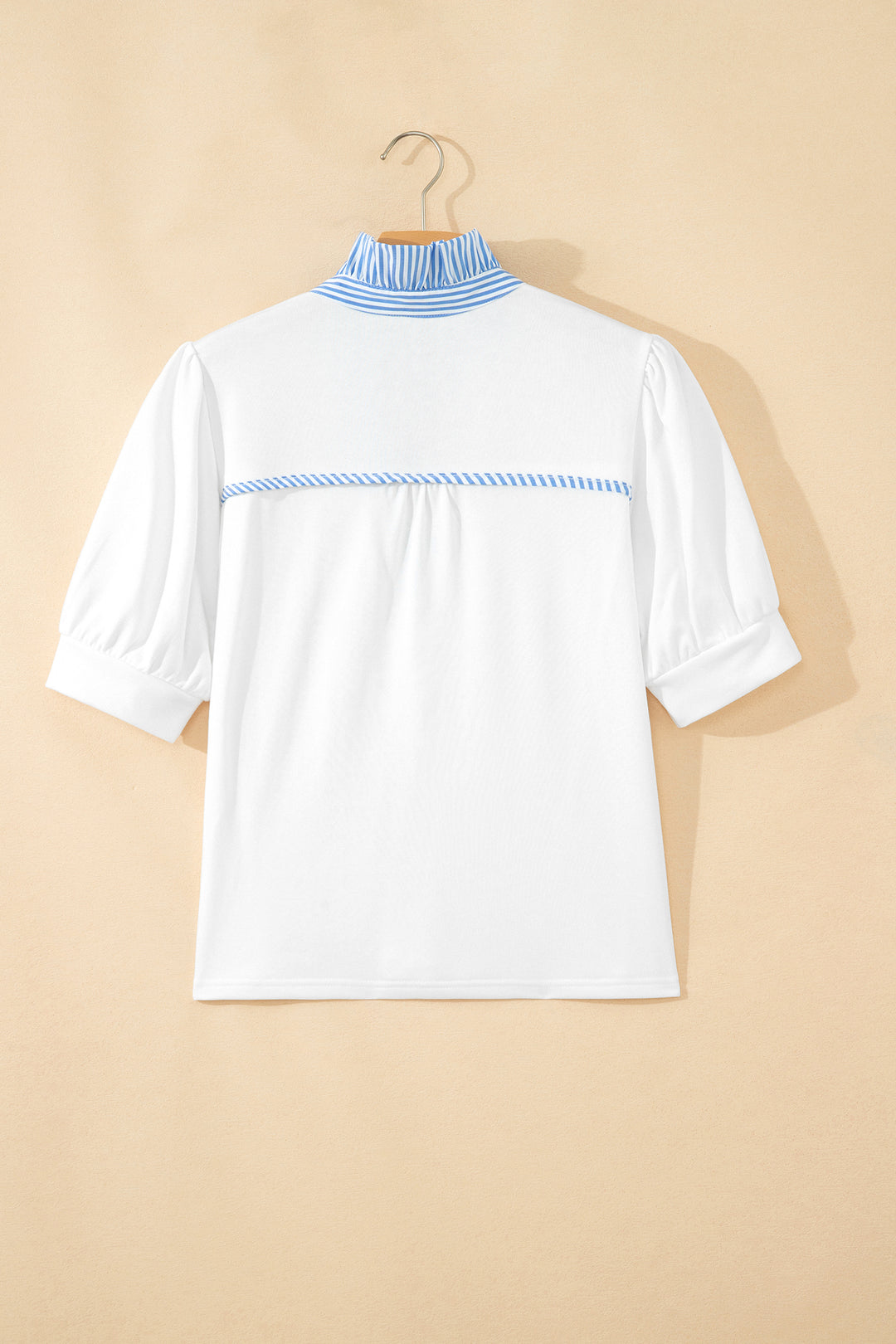 White Striped Frilled Collar Short Sleeve Blouse