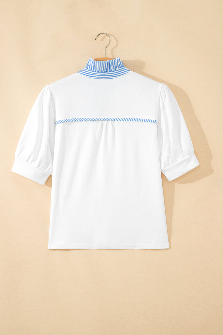 White Striped Frilled Collar Short Sleeve Blouse