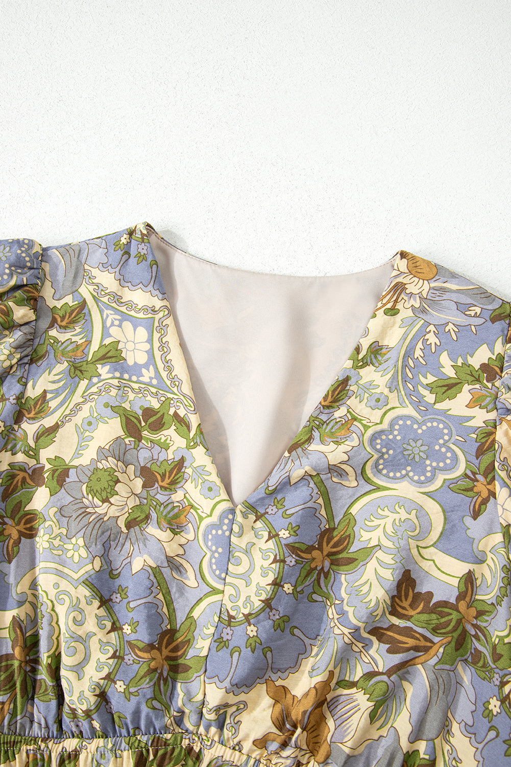 Vintage Floral V Neck Short Puff Sleeve Long Dress